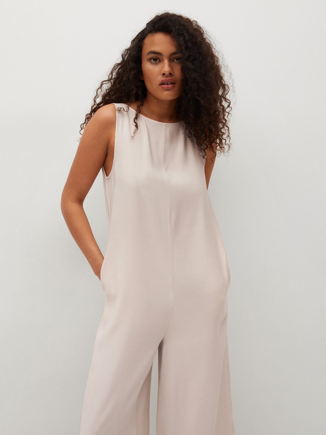 

MANGO Beige Solid Basic Jumpsuit