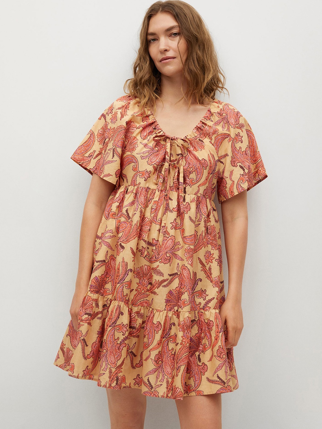 

MANGO Beige & Orange Pure Cotton Ethnic Printed Tie-Up Neck A-Line Dress