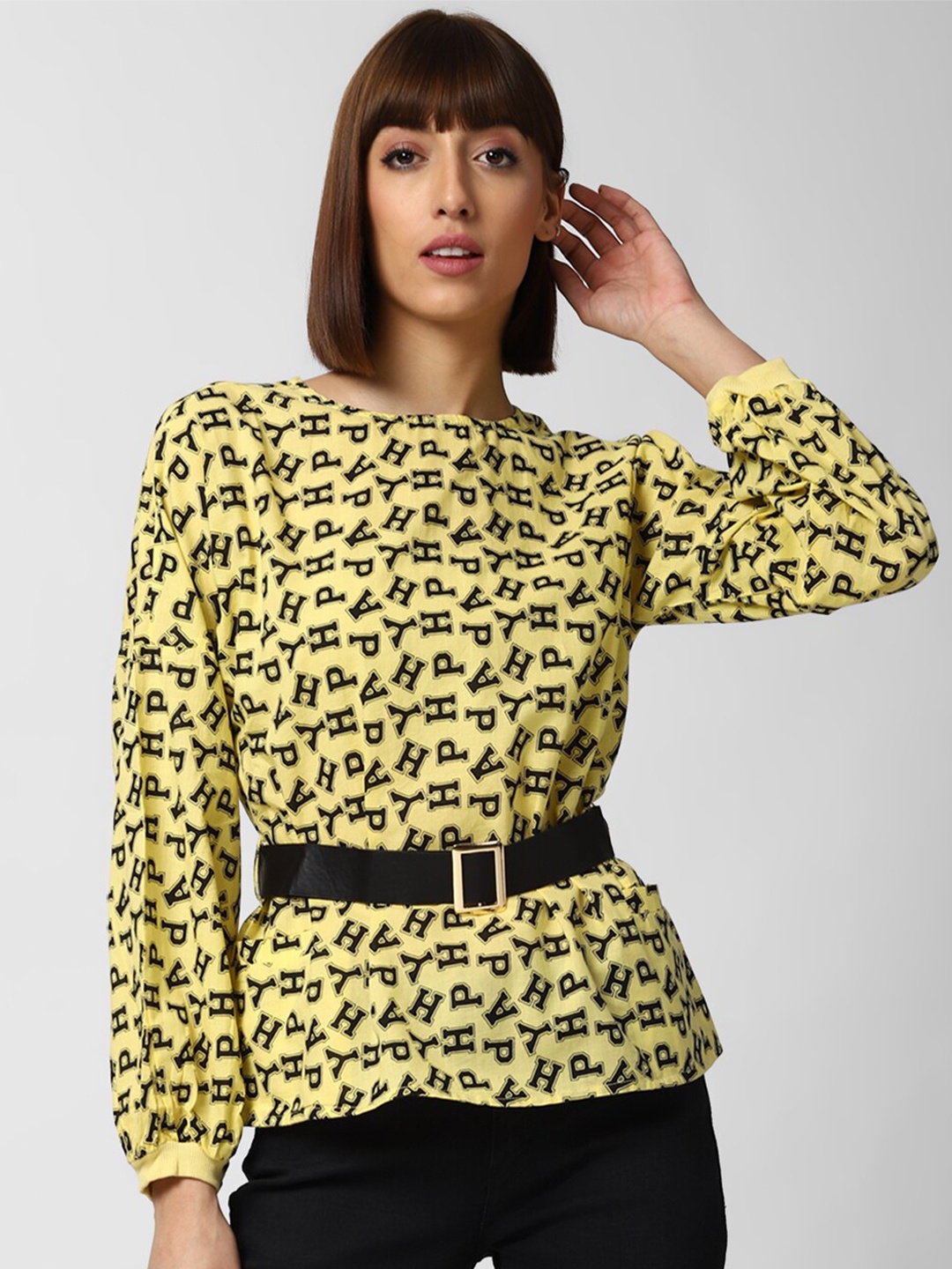 

FOREVER 21 Yellow & Black Printed Pure Cotton Regular Top with Waist Belt