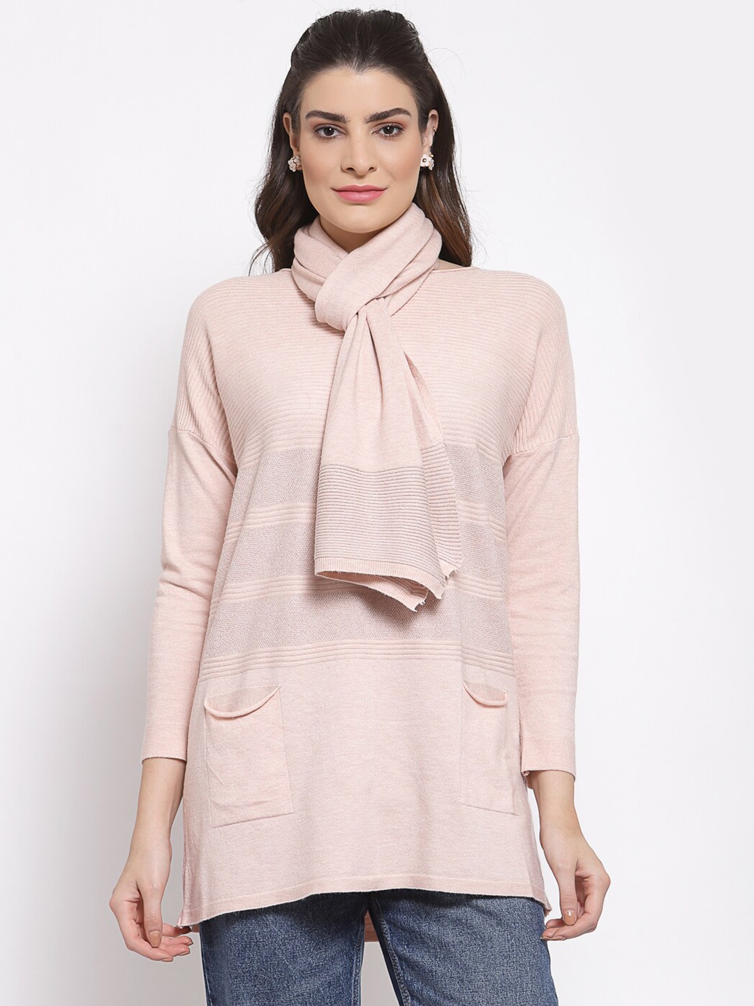 

Mafadeny Women Peach-coloured Solid Longline Pullover Sweater With Muffler