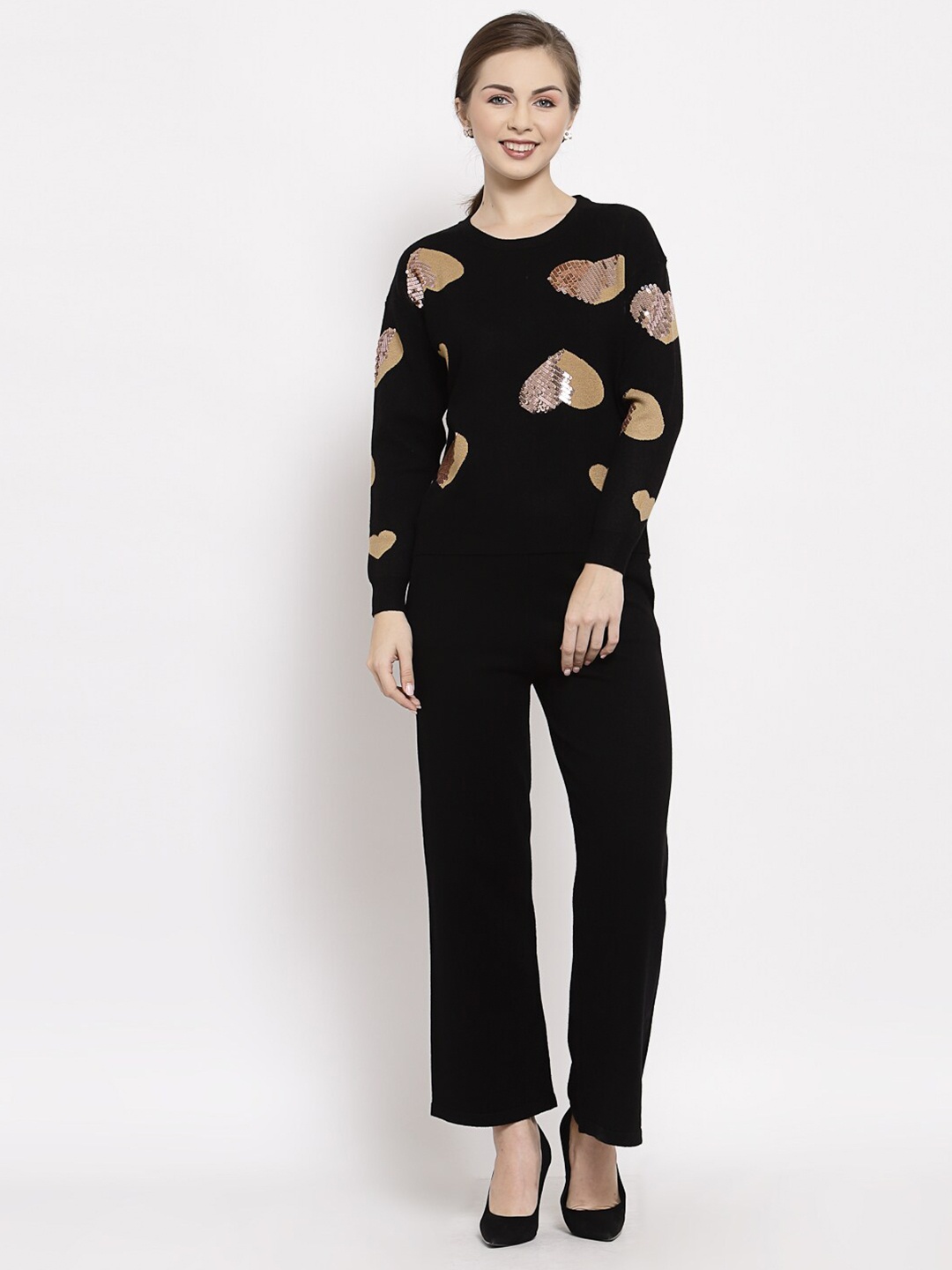 

Mafadeny Women Black & Beige Embellished Top with Trousers