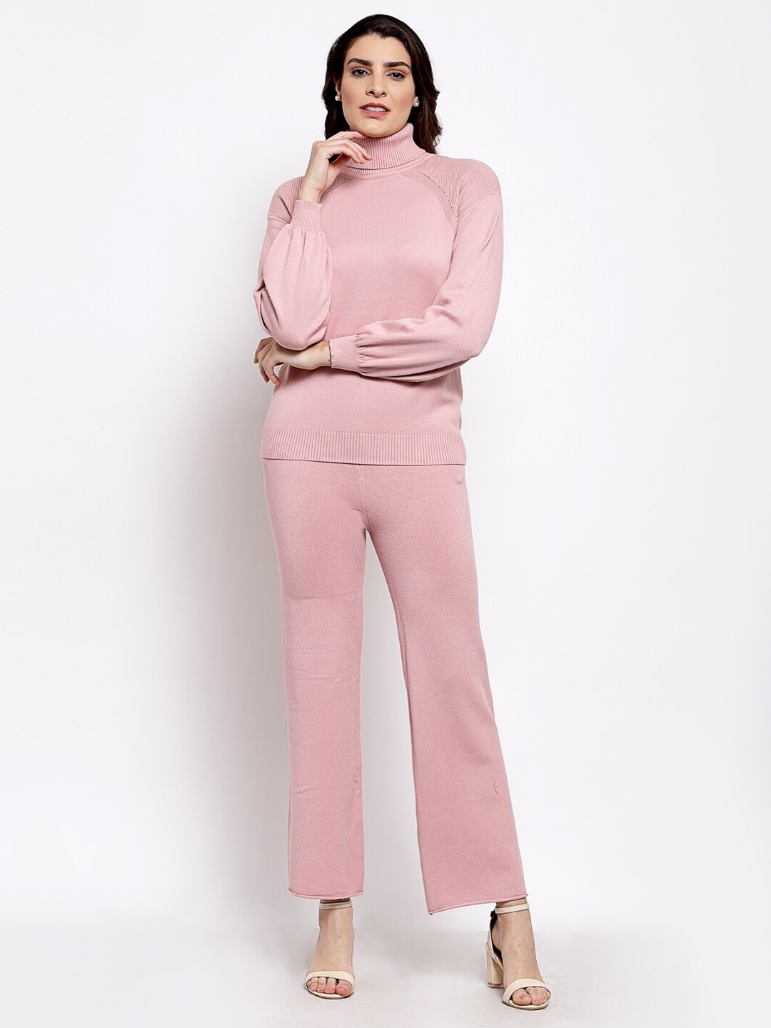 

Mafadeny Women Pink Ribbed Long Sleeves Top & Trousers