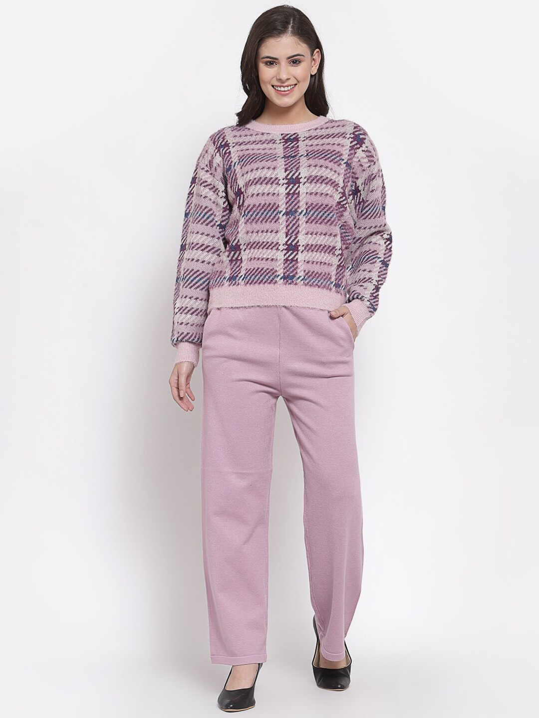 

Mafadeny Women Mauve Checked Sweatshirt with Trousers