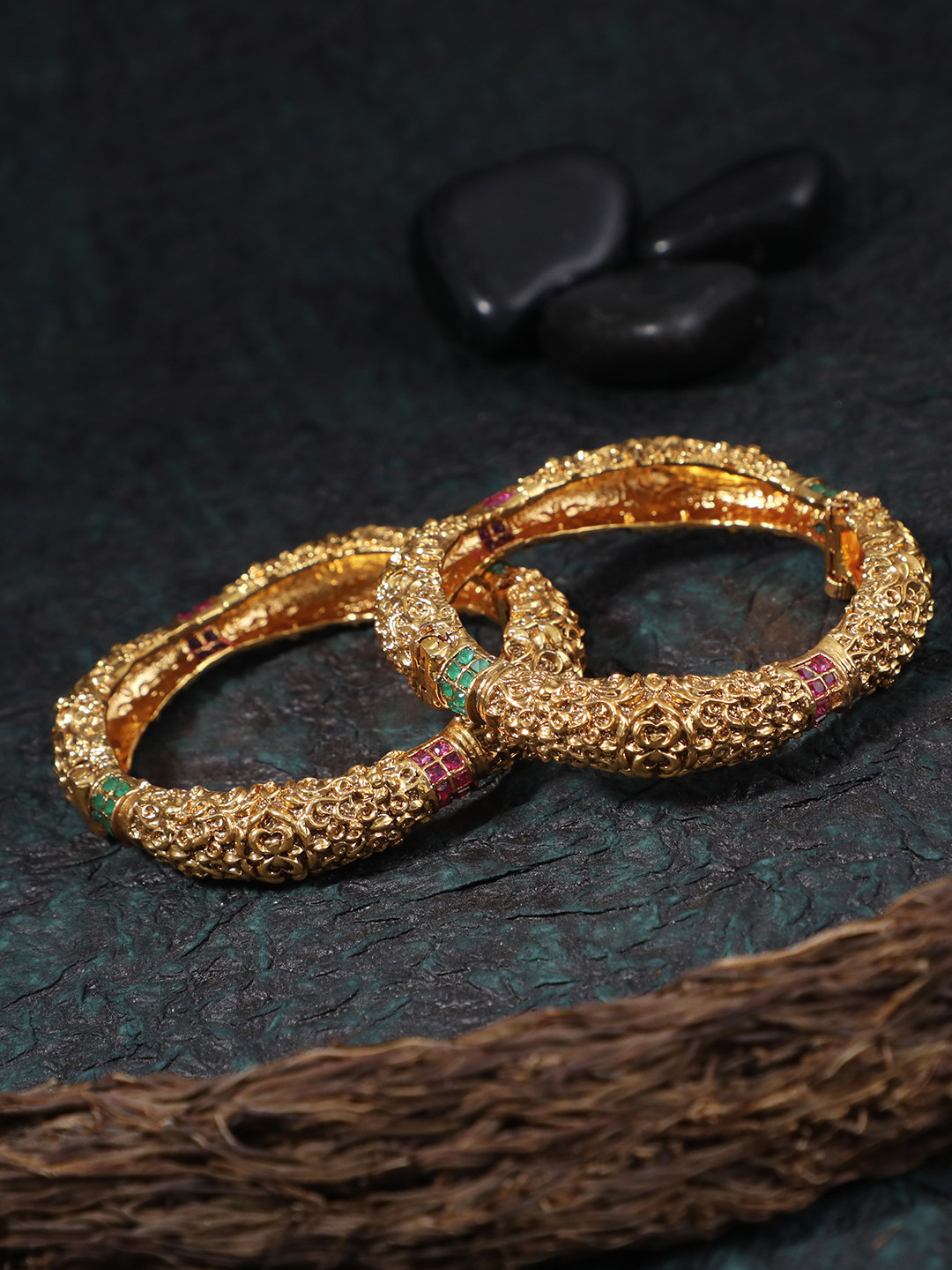 

Adwitiya Collection Set Of 2 Gold-Plated Green & Pink Stone-Studded Handcrafted Bangles
