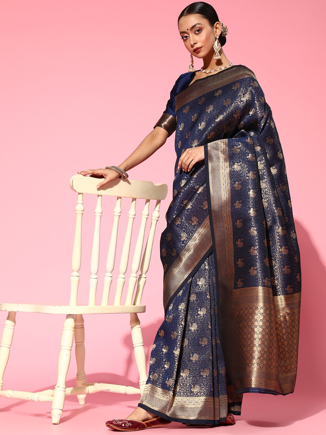 

Saree mall Ethnic Motifs Silk Blend Saree with Woven Design border, Navy blue