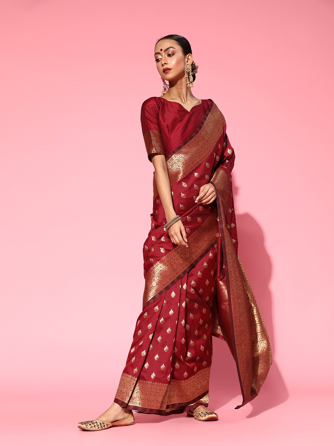 

Saree mall Ethnic Motifs Silk Blend Saree with Woven Design border, Maroon