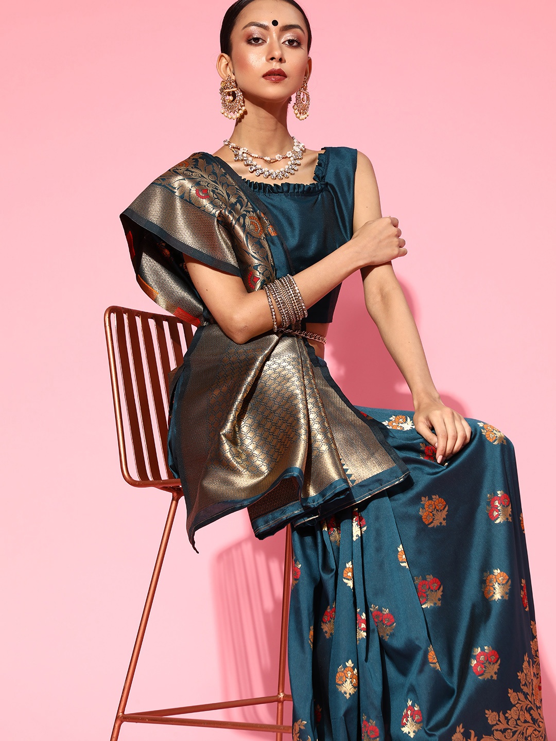 

Saree mall Ethnic Motifs Silk Blend Saree with Woven Design border, Teal
