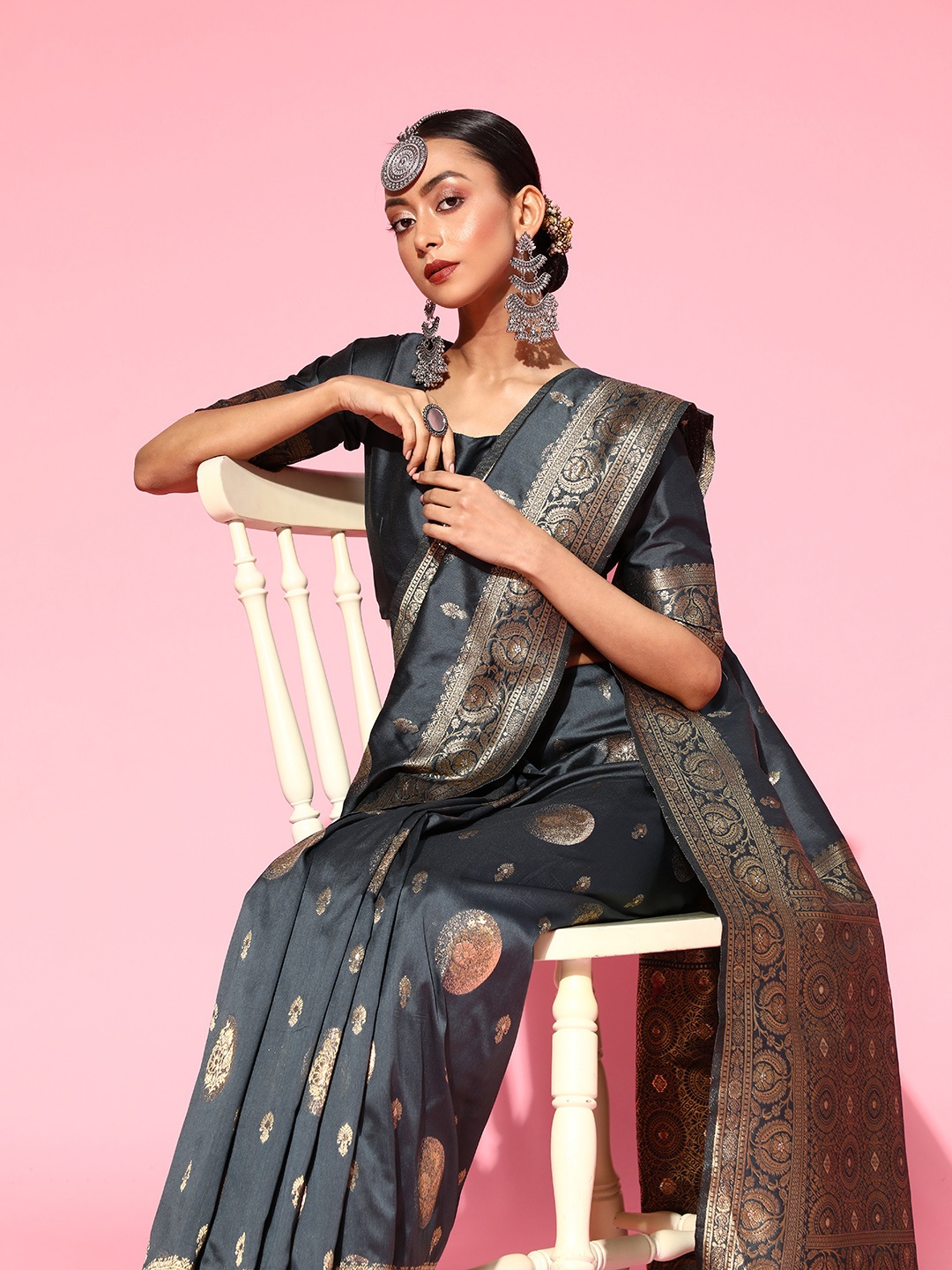 

Saree mall Ethnic Motifs Silk Blend Saree with Woven Design border, Charcoal