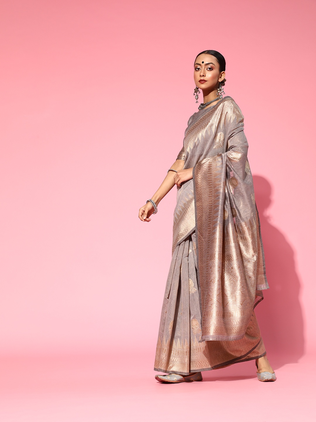 

Saree mall Ethnic Motifs Silk Blend Saree with Woven Design border, Grey