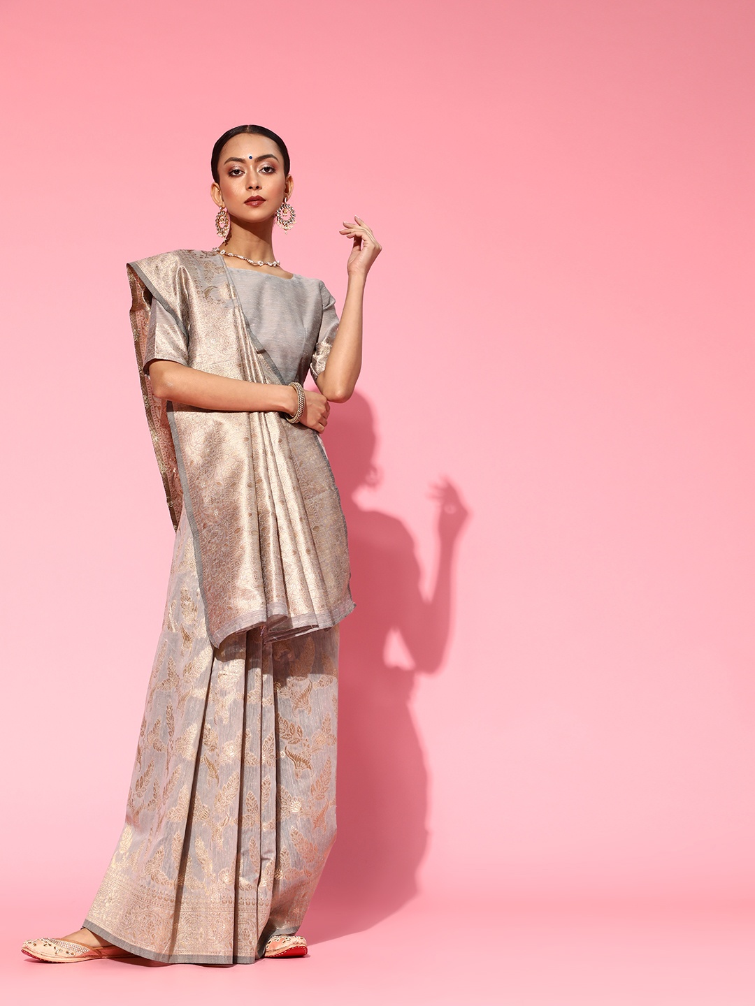 

Saree mall Floral Silk Blend Saree with Woven Design border, Grey