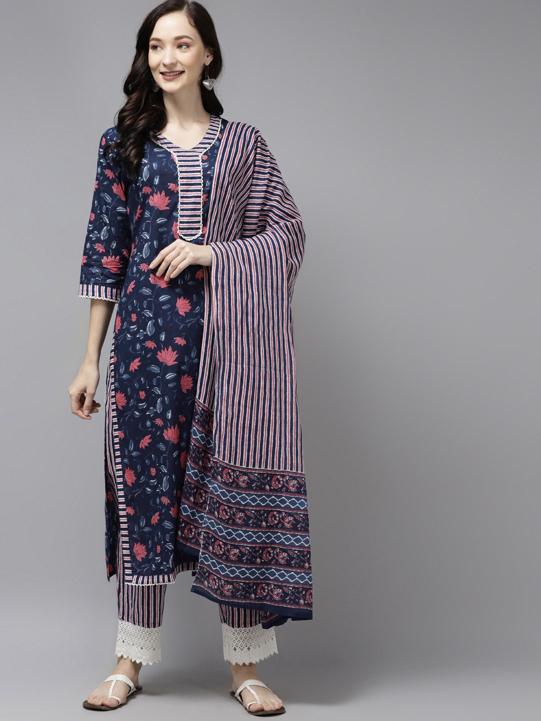 

Amirah s Women Navy Blue Floral Printed Regular Pure Cotton Kurta with Palazzos & With Dupatta