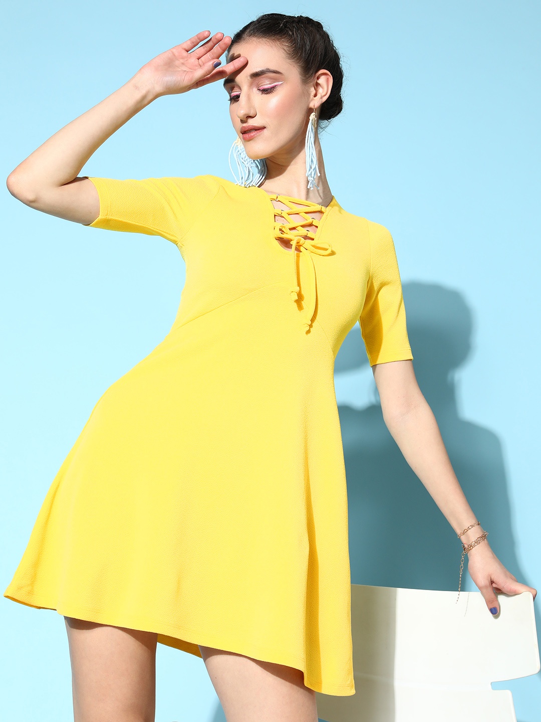 

Veni Vidi Vici Women Yellow Solid Fluid Tie-Up Dress