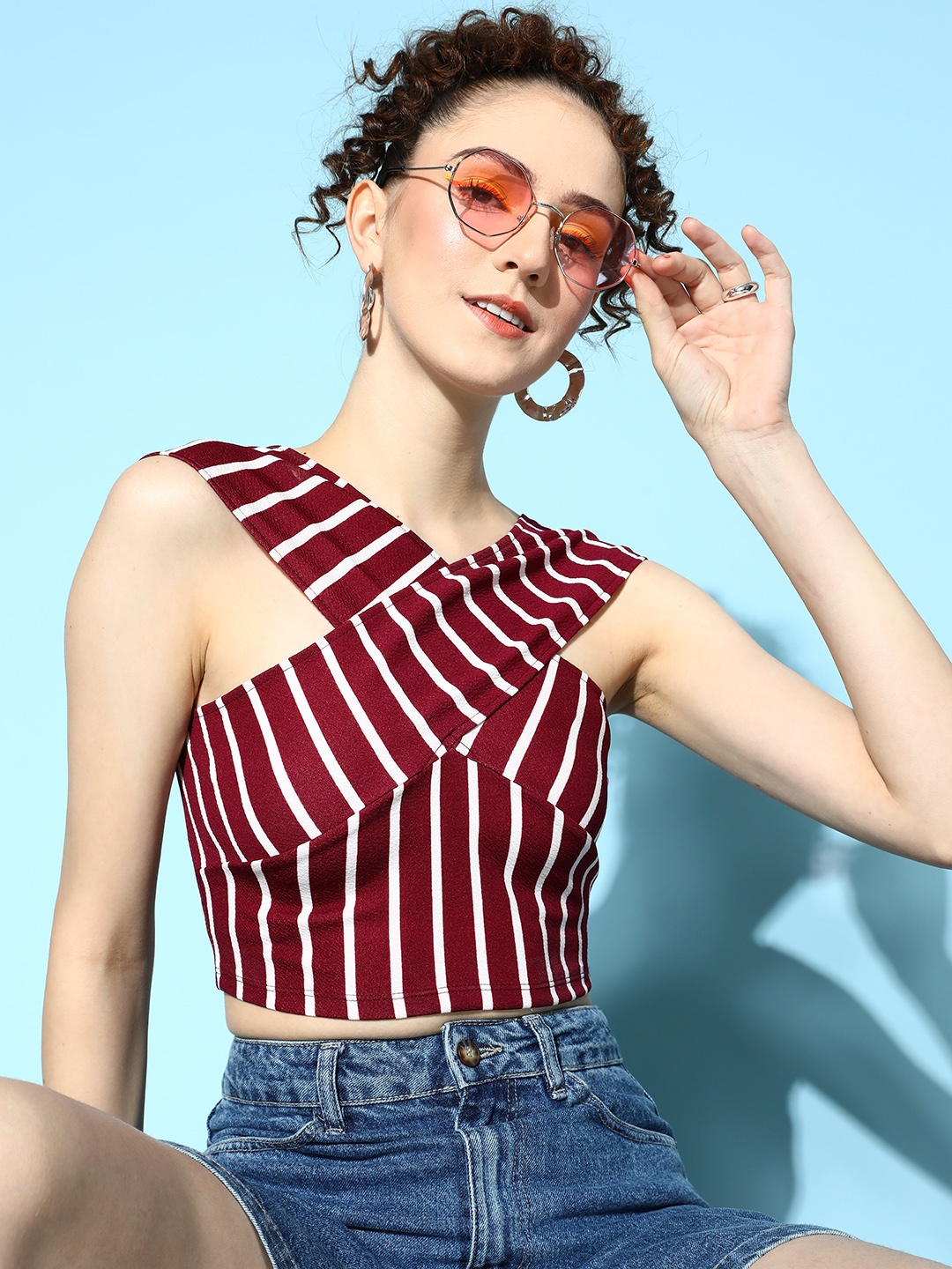 

Veni Vidi Vici Maroon & White Striped Off-Shoulder Bardot Crop Top