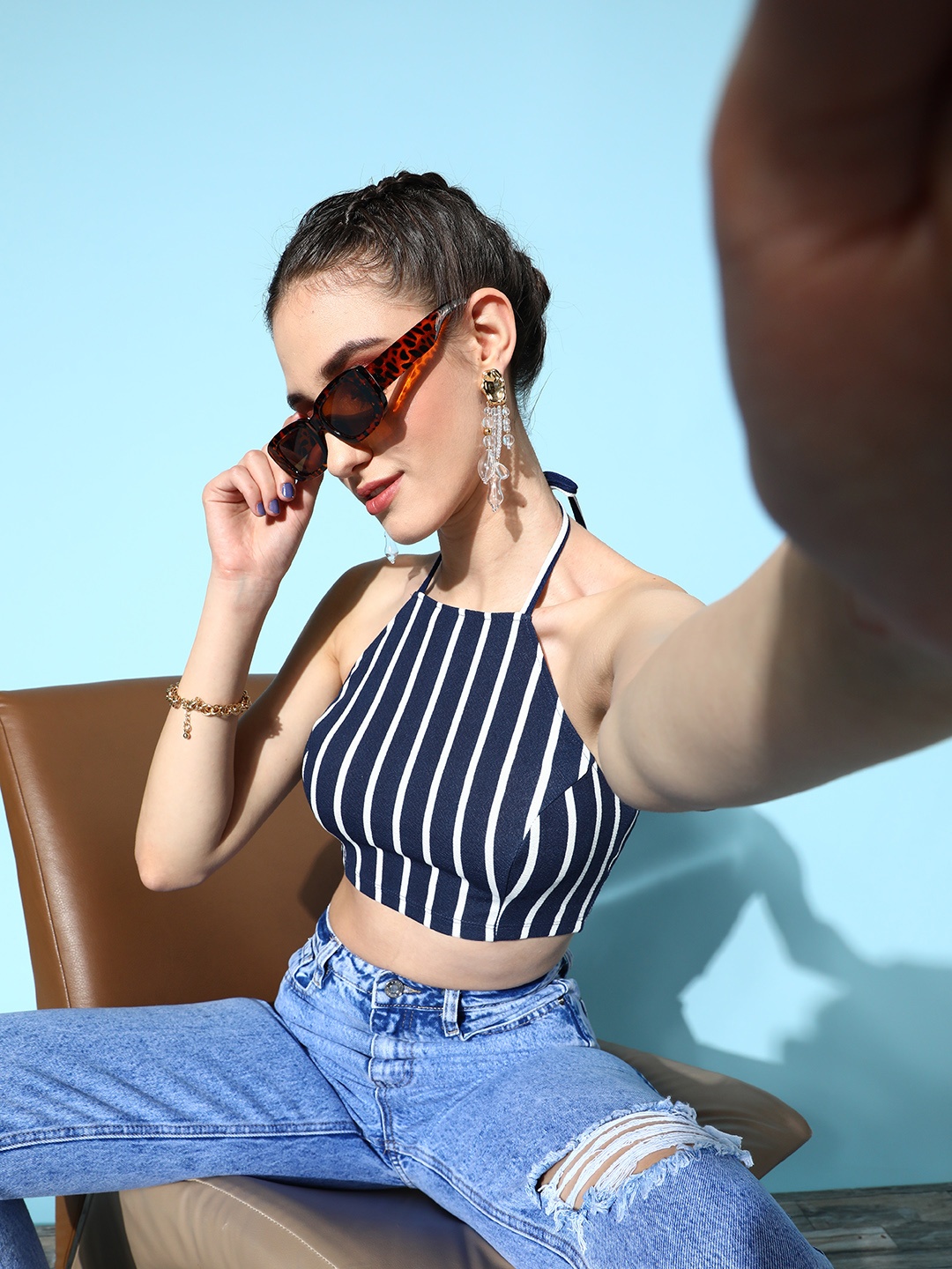 

Veni Vidi Vici Blue & White Striped Halter Neck Fitted Crop Top