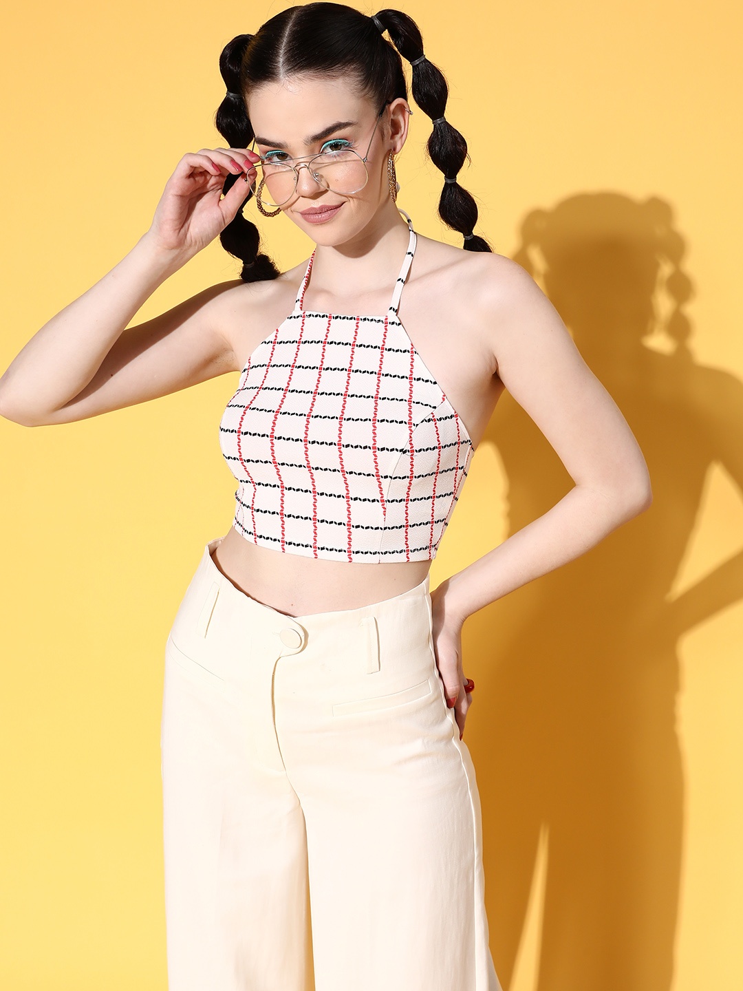 

Veni Vidi Vici White & Black Checked Halter Neck Crop Top