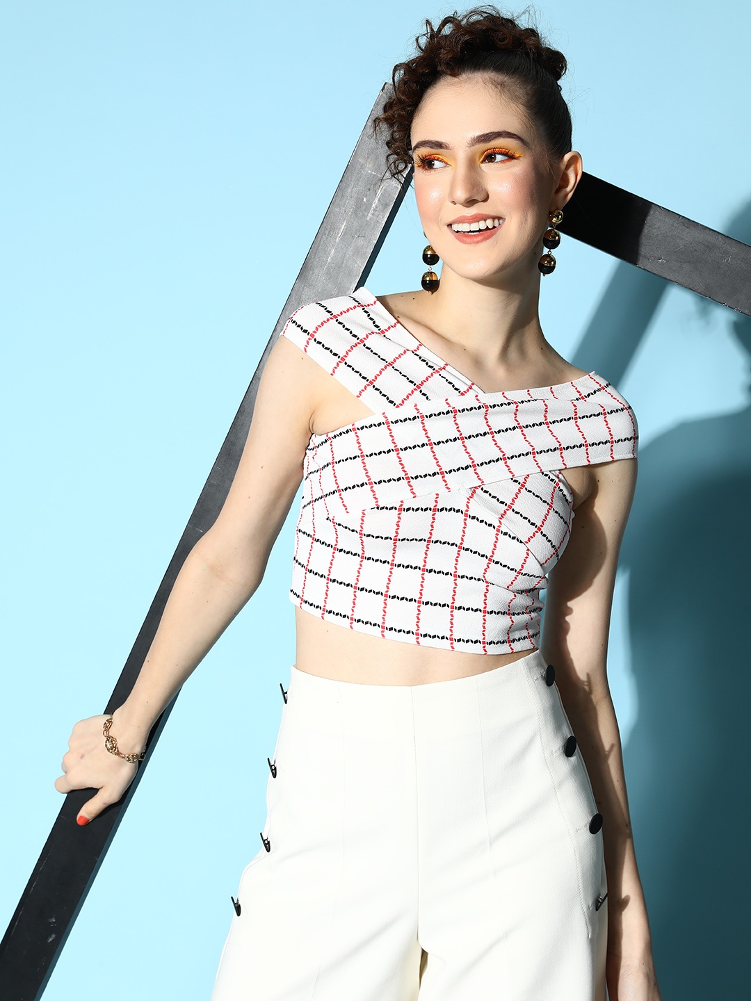 

Veni Vidi Vici White & Black Checked Off-Shoulder Bardot Crop Top