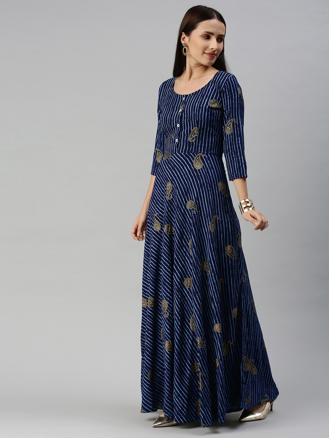 

Swishchick Navy Blue Ethnic Motifs Maxi Dress