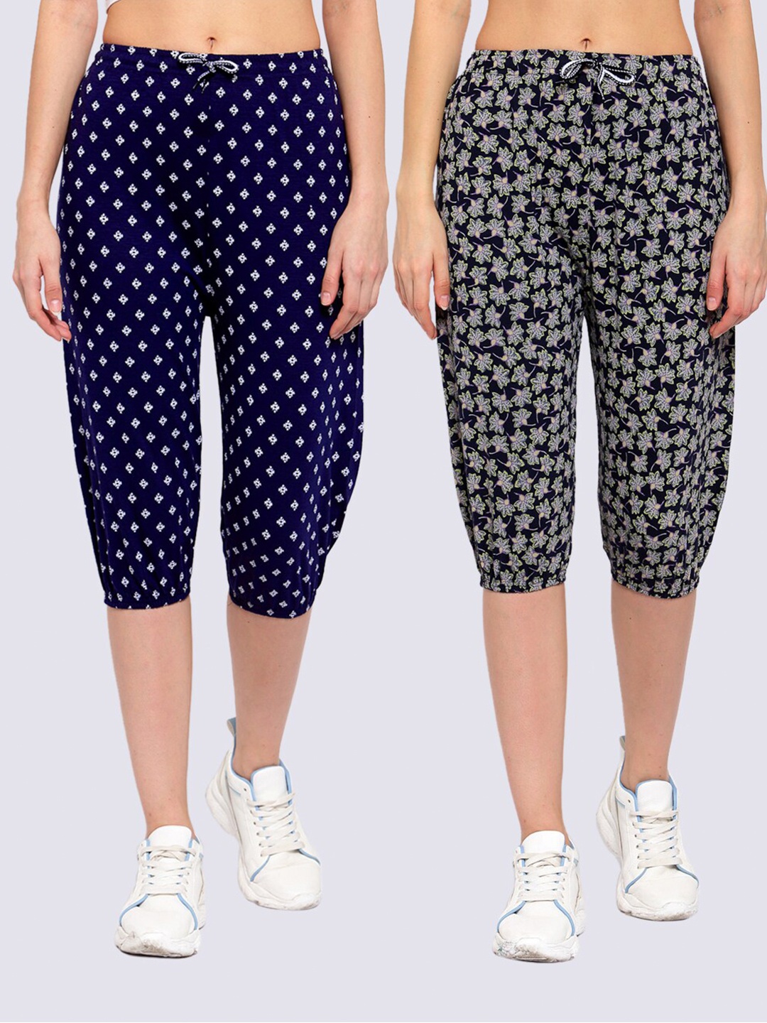 

KLOTTHE Women Blue & White Pack of 2 Printed Capris