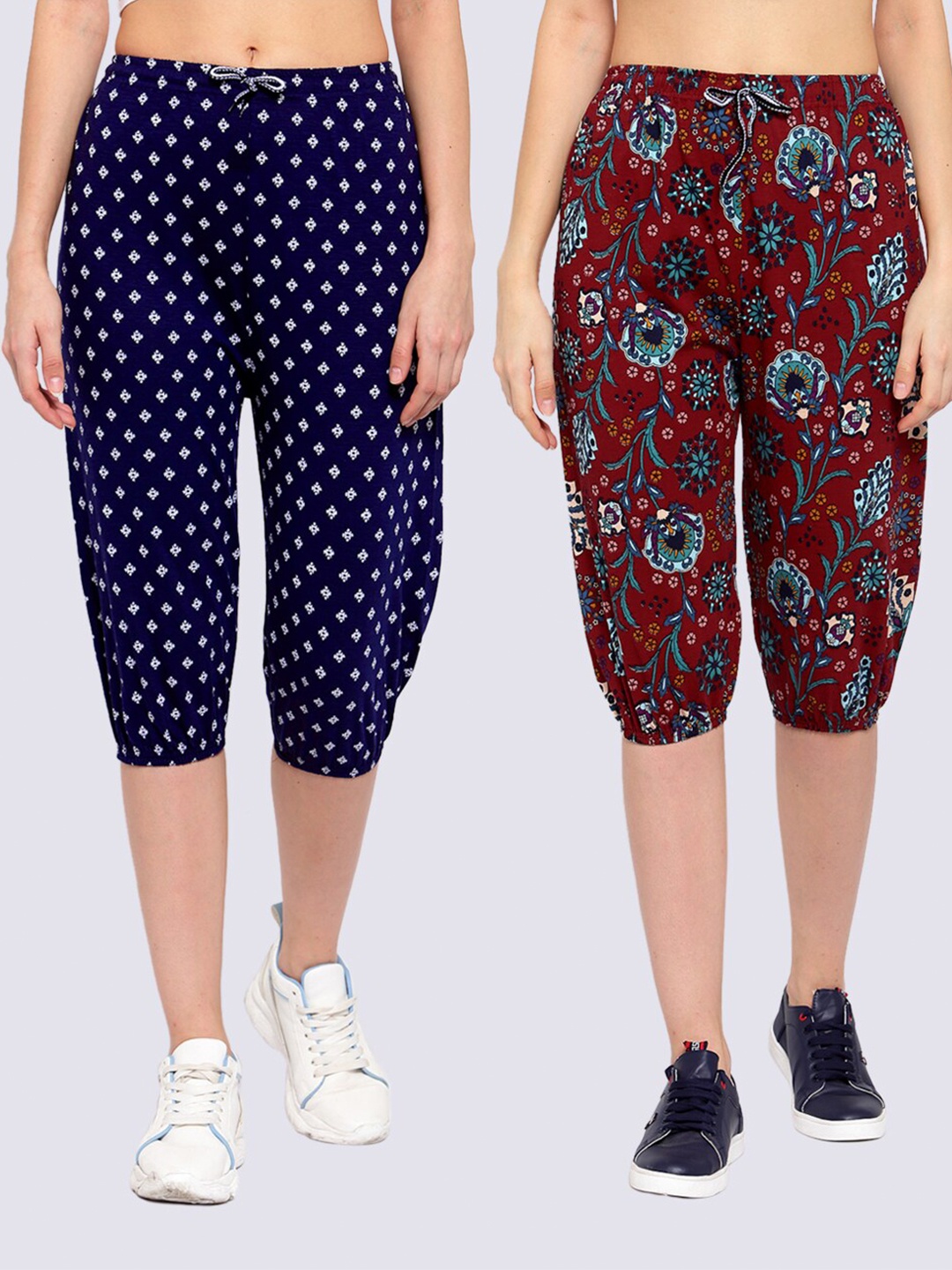 

KLOTTHE Pack Of 2 Women Pure Cotton Blue Printed Capris, Maroon