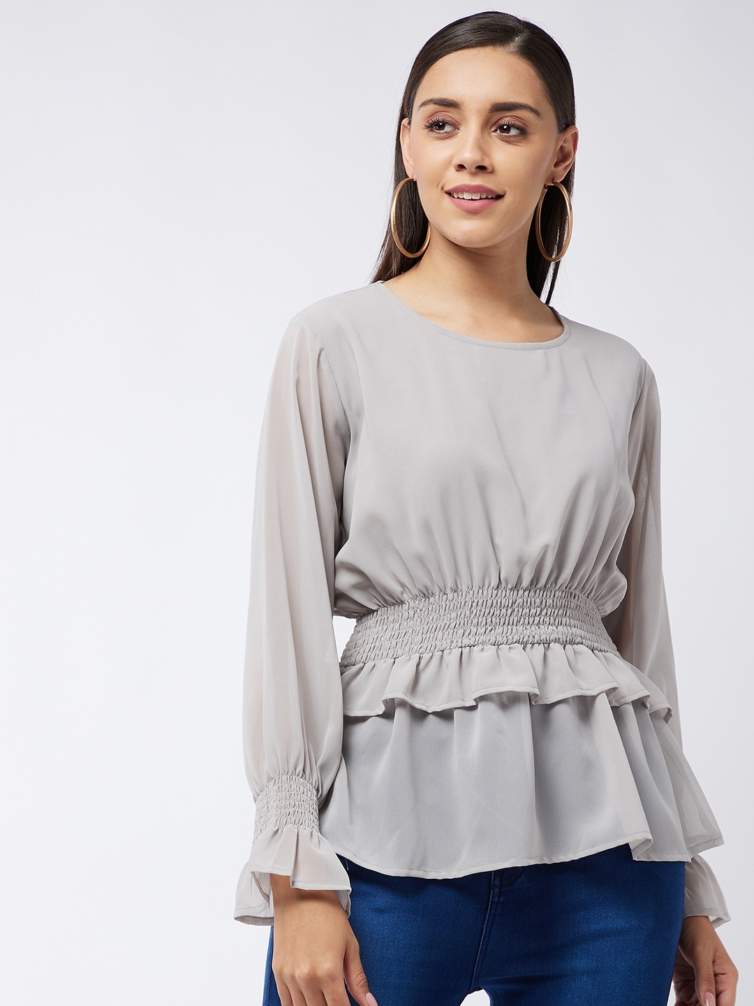 

Purple Feather Grey Georgette Cinched Waist Top