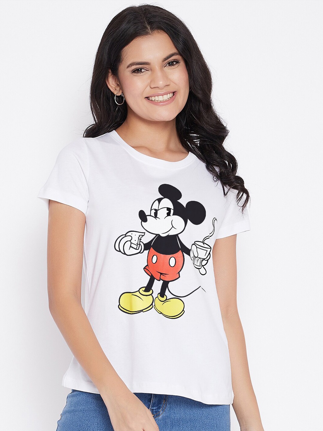 

Disney by Wear Your Mind Women White Mickey Mouse Printed Pure Cotton T-shirt