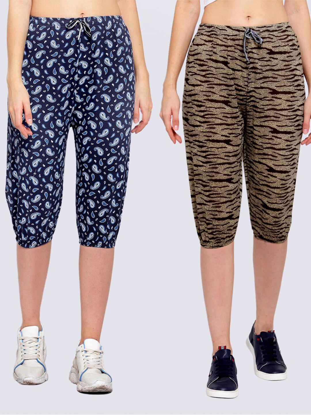 

KLOTTHE Pack Of 2 Women Pure Cotton Printed Capris, Blue
