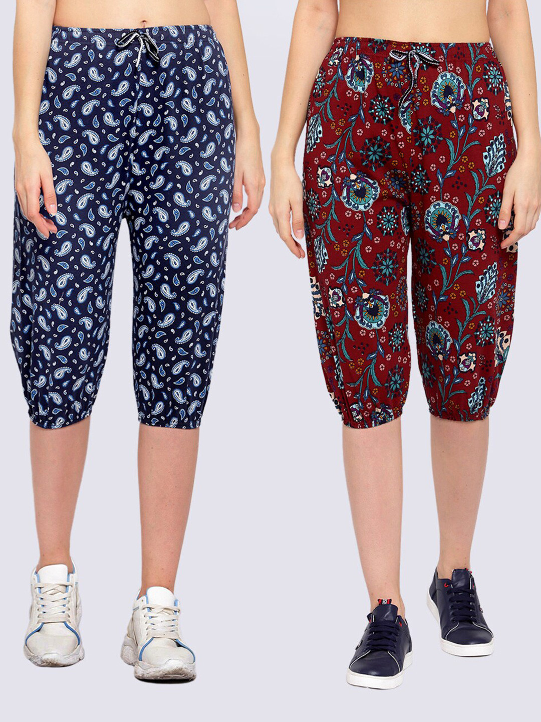 

KLOTTHE Women Pack of 2 Maroon & Blue Printed Pure Cotton Capris