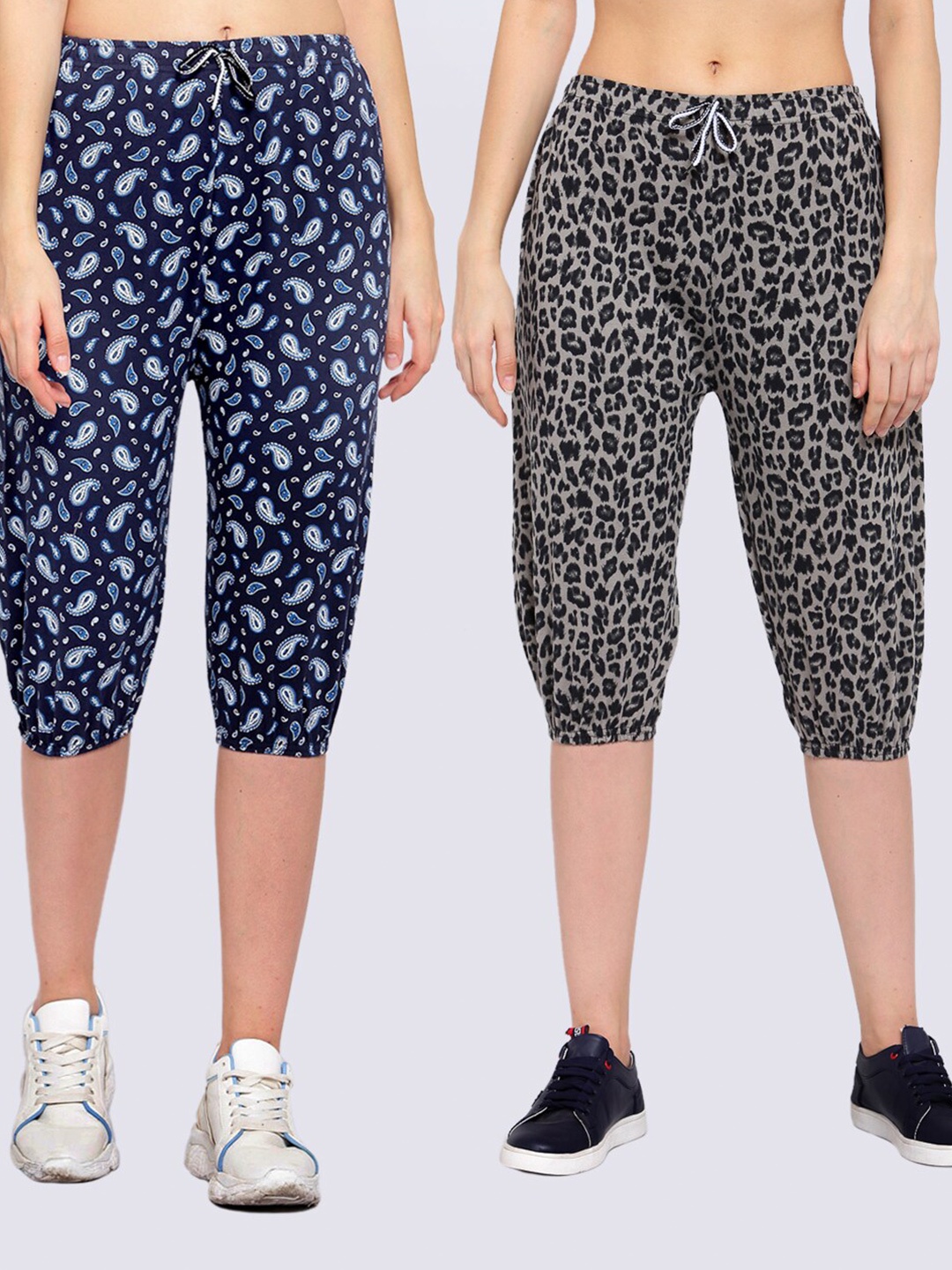 

KLOTTHE Women Pack Of 2 Printed Pure Cotton Capris, Navy blue
