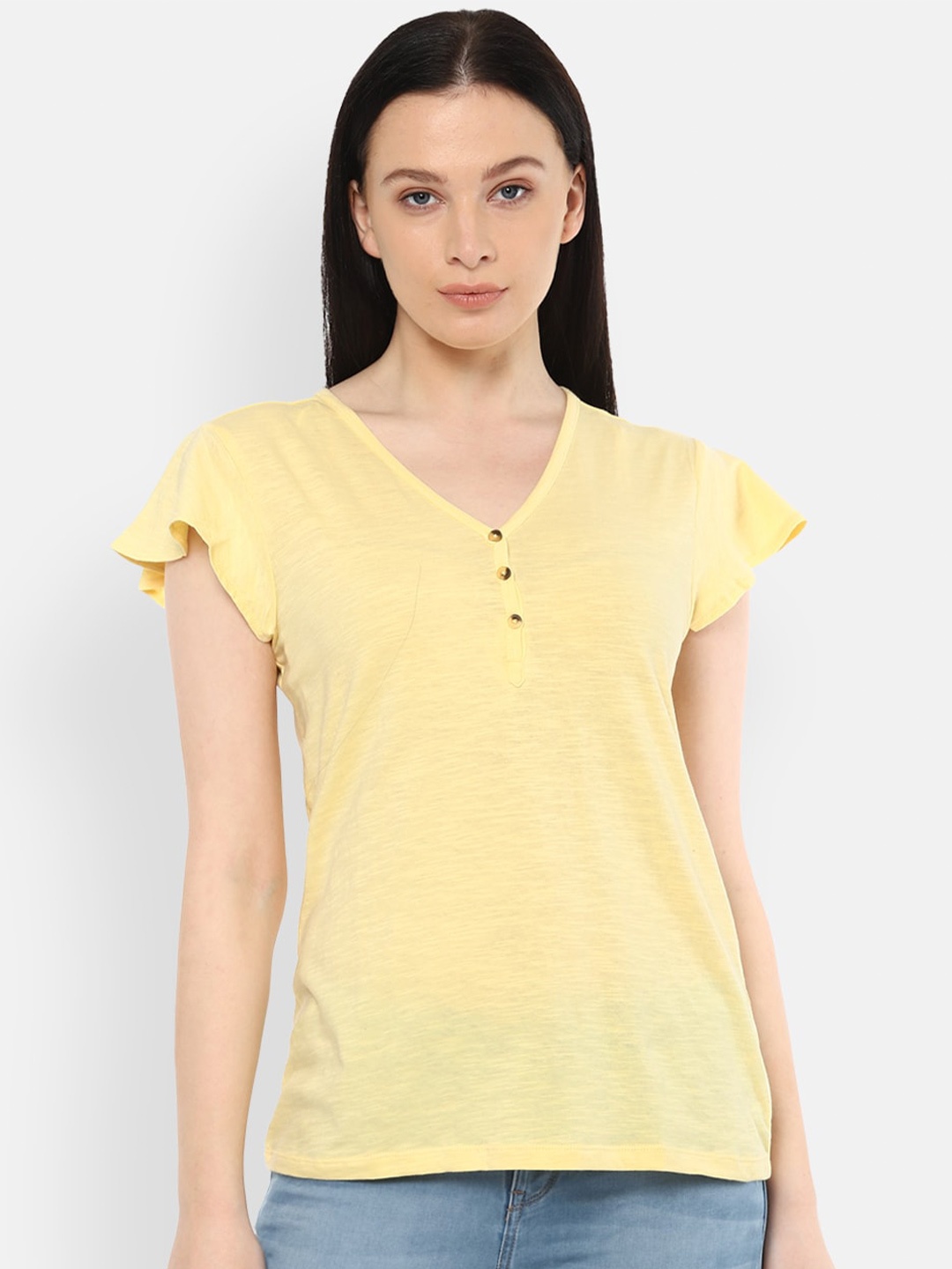 

Van Heusen Woman Yellow V-Neck Extended Sleeves Pockets T-shirt