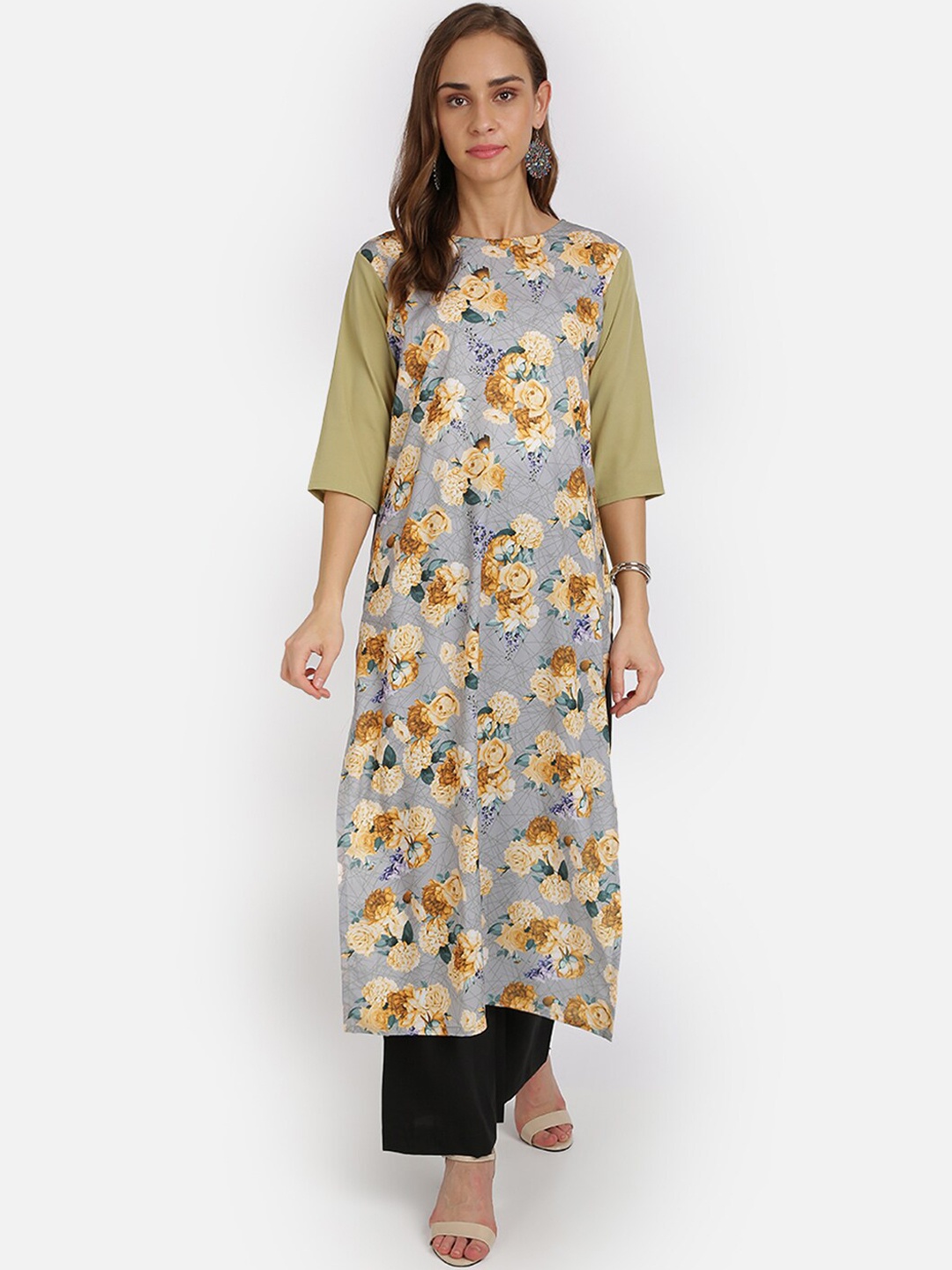 

SAADHVI Women Grey & Black Floral Printed Regular Kurta with Palazzos