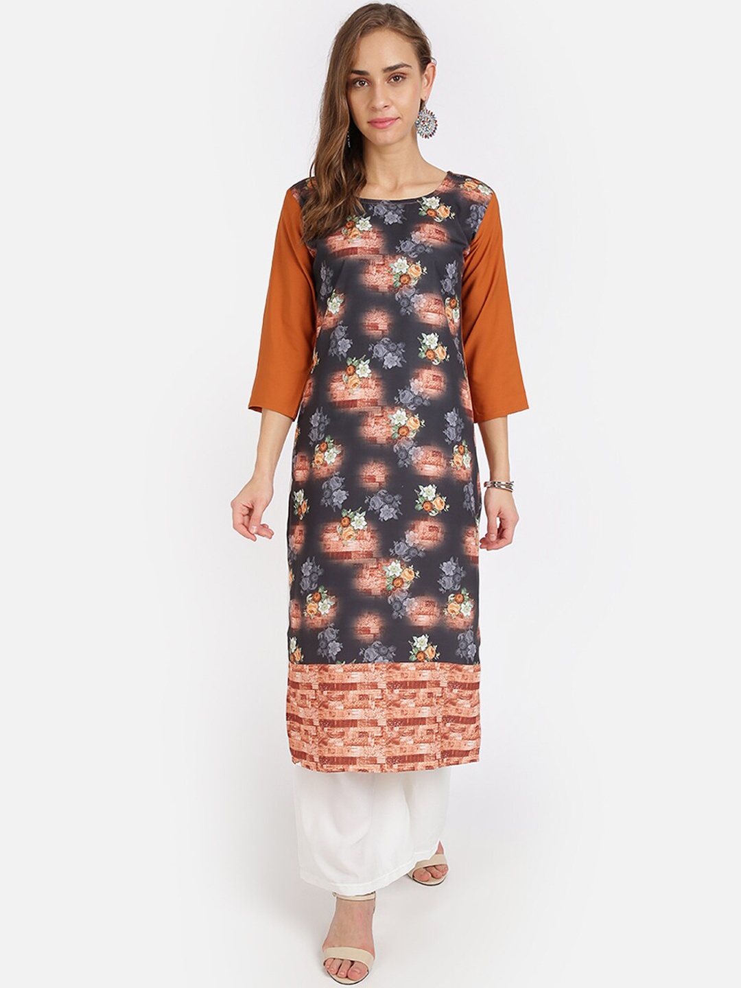 

SAADHVI Women Brown & White Floral Printed Regular Kurta with Trousers