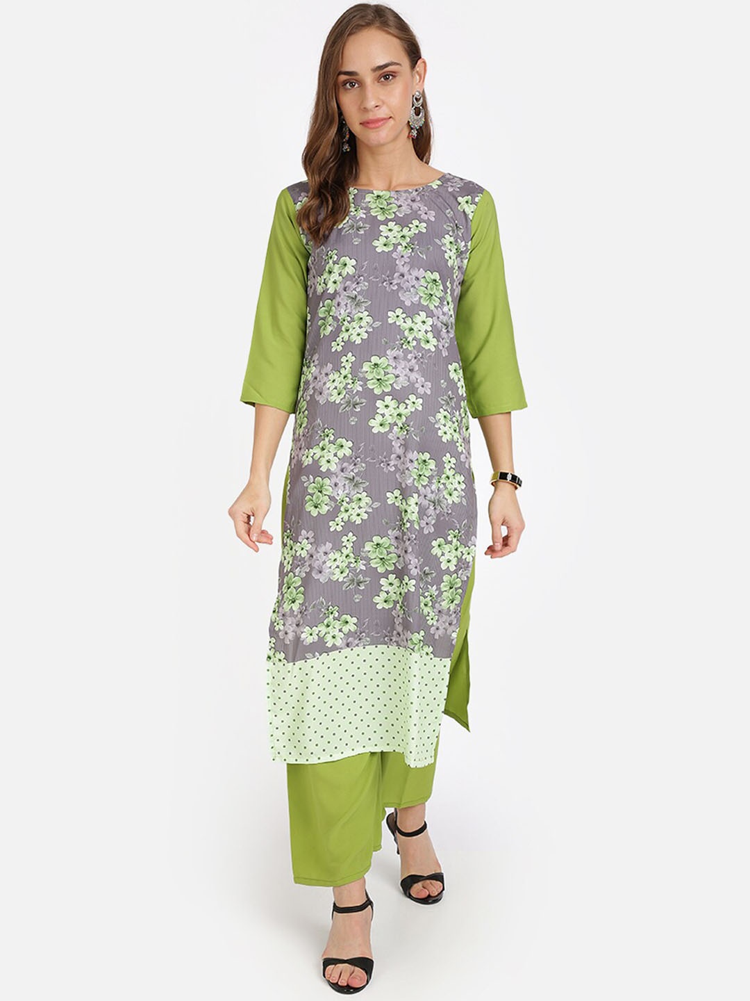 

SAADHVI Women Green & Grey Floral Printed Regular Kurta with Palazzos
