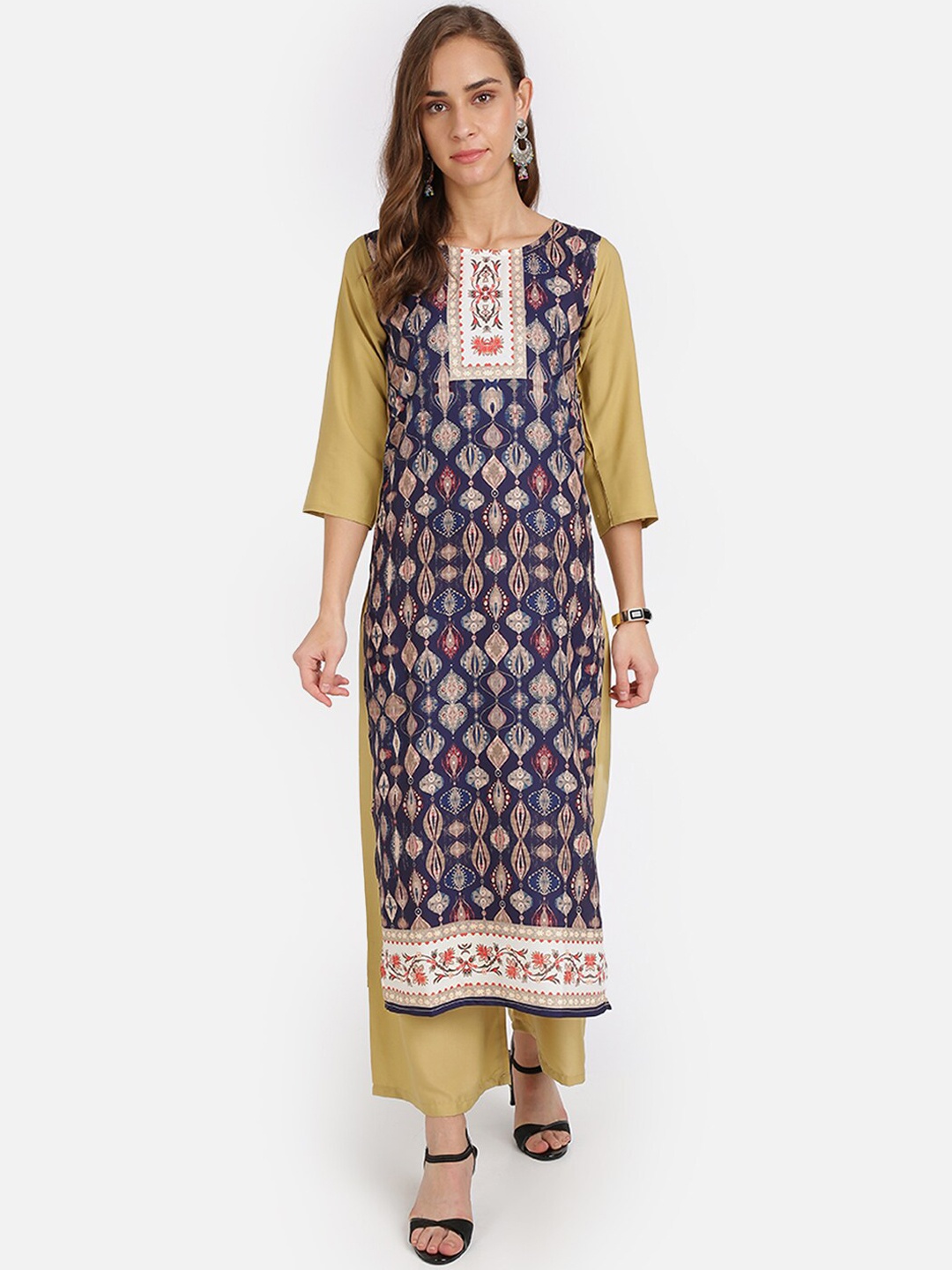 

SAADHVI Women Navy Blue & Beige Ethnic Motifs Printed Regular Kurta with Palazzos