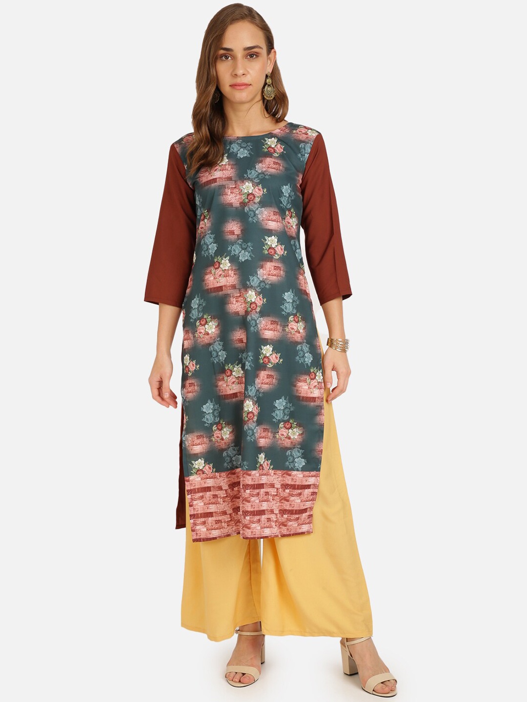 

SAADHVI Women Brown & Beige Floral Printed Regular Kurta with Palazzos