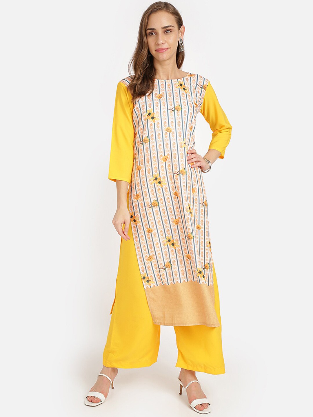 

SAADHVI Women Yellow & Beige Floral Printed Regular Kurta with Palazzos