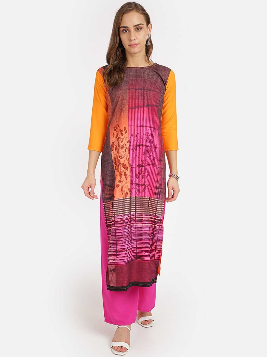 

SAADHVI Women Pink & Mustard yellow Abstract Printed Regular Kurta with Palazzos
