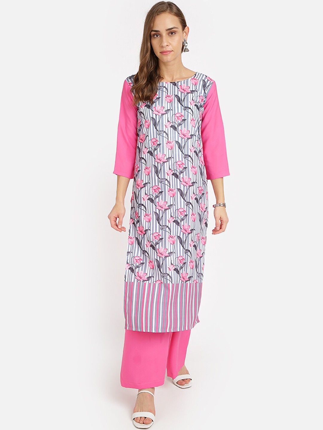 

SAADHVI Women Pink & Grey Floral Printed Regular Kurta with Palazzos