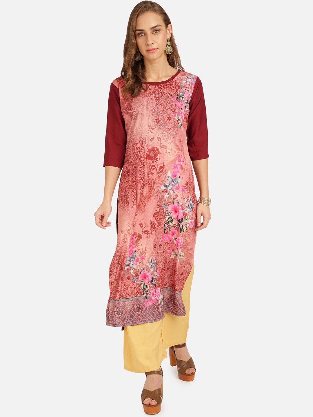 

SAADHVI Women Peach-Coloured & Beige Floral Printed Regular Kurta with Palazzos