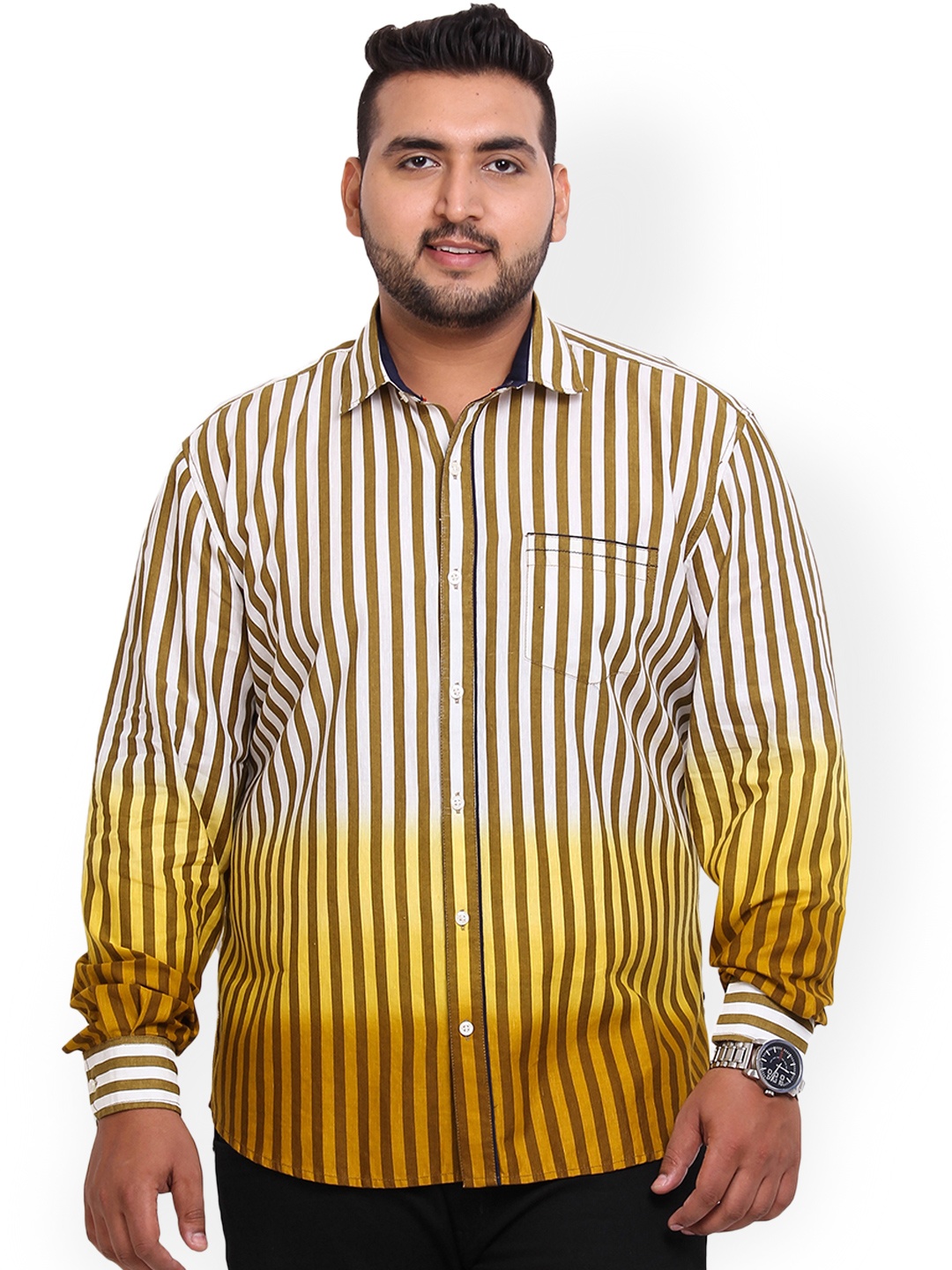 

John Pride Plus Size Men White Yellow Slim Fit Striped Casual Shirt