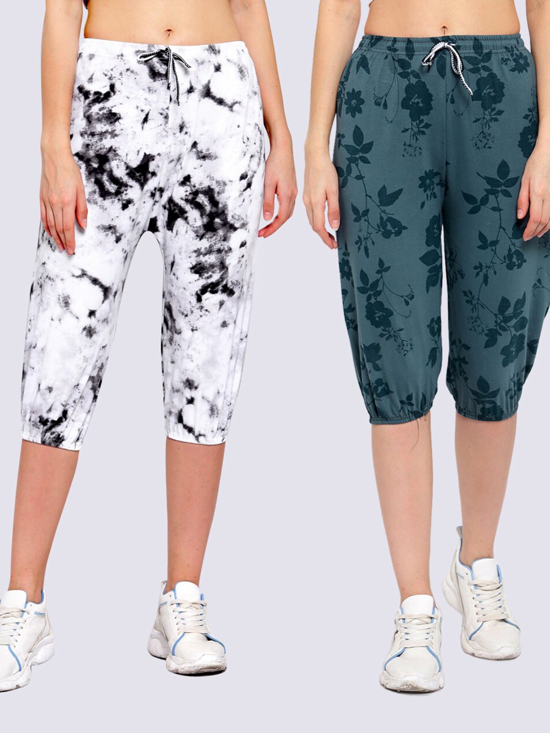 

KLOTTHE Women Pack of 2 White & Teal Printed Mid Rise Cotton Capris