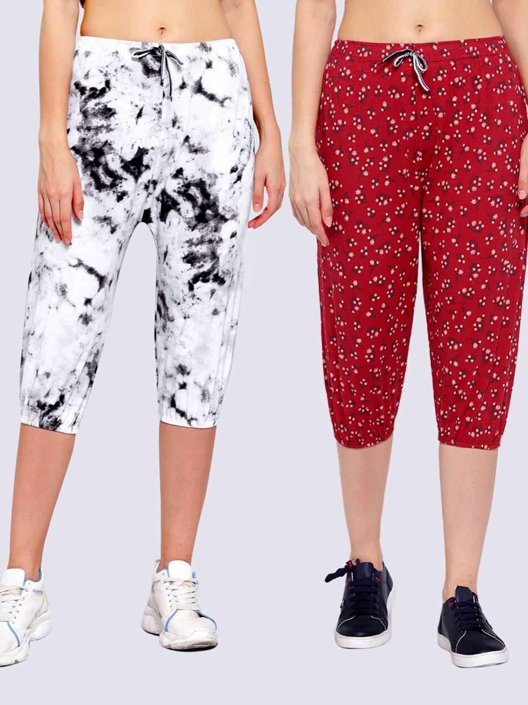 

KLOTTHE Women Pack Of 2 Red & White Printed Pure Cotton Capris