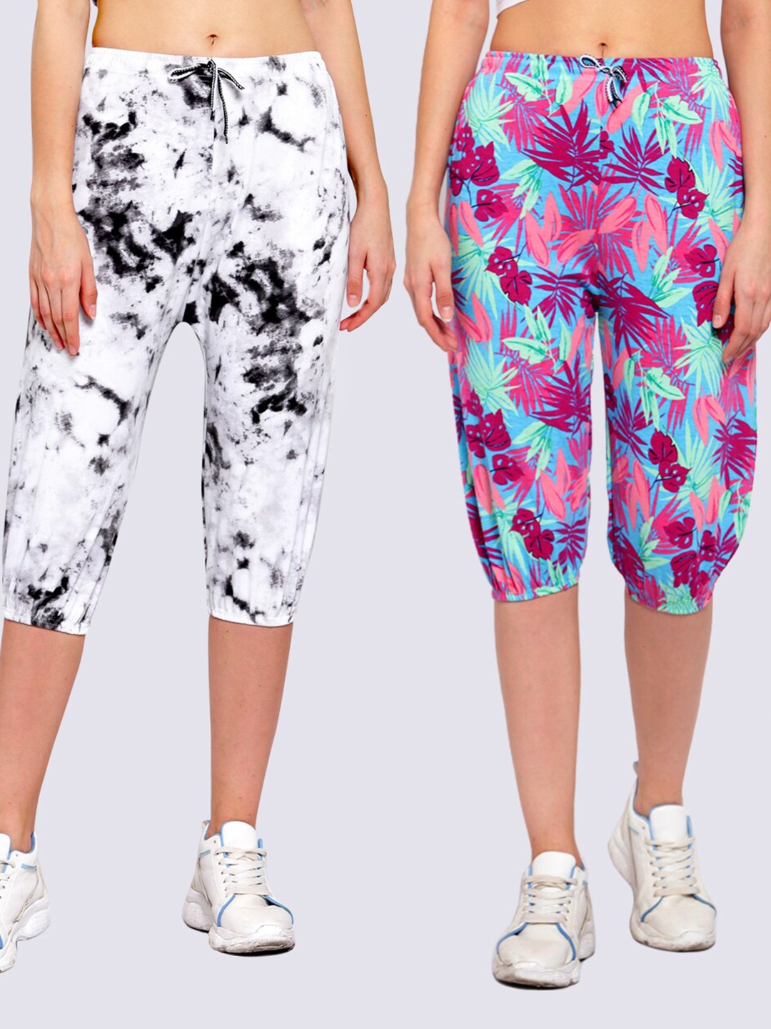 

KLOTTHE Women Pack of 2 White & Turquoise Blue Printed Capris