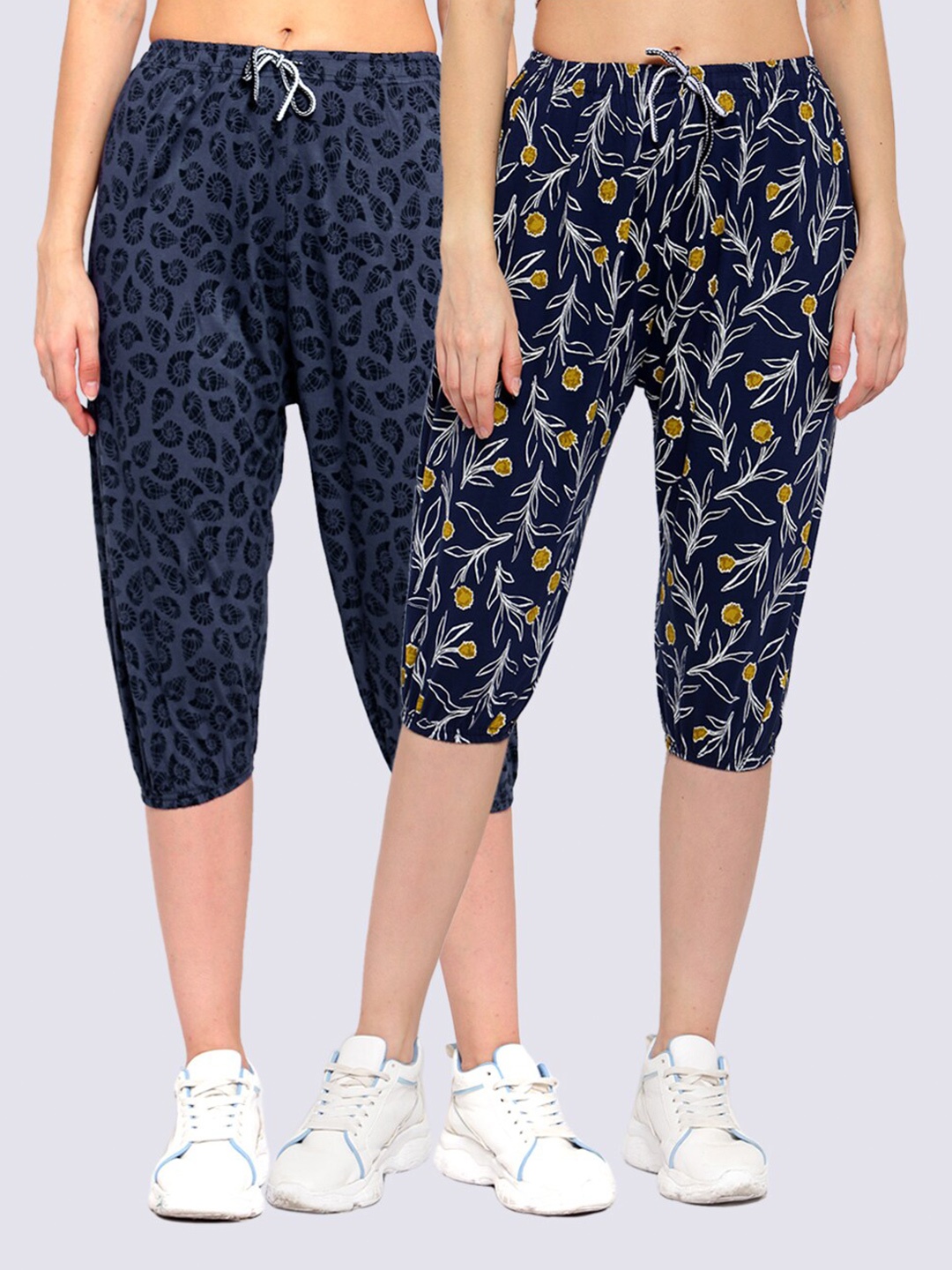 

KLOTTHE Women Pack of 2 Printed Cotton Capris, Navy blue