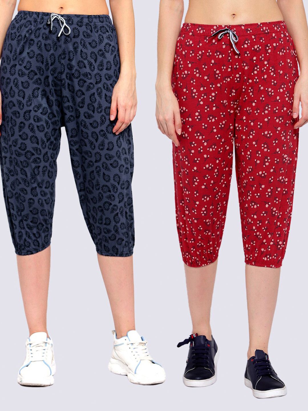 

KLOTTHE Women Pack of 2 Red & Navy Blue Printed Capris