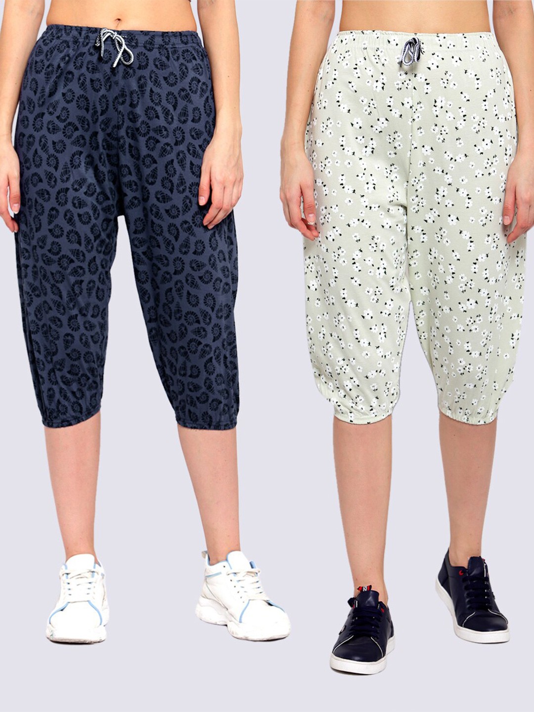

KLOTTHE Women Pack of 2 Grey & Navy Blue Printed Capris
