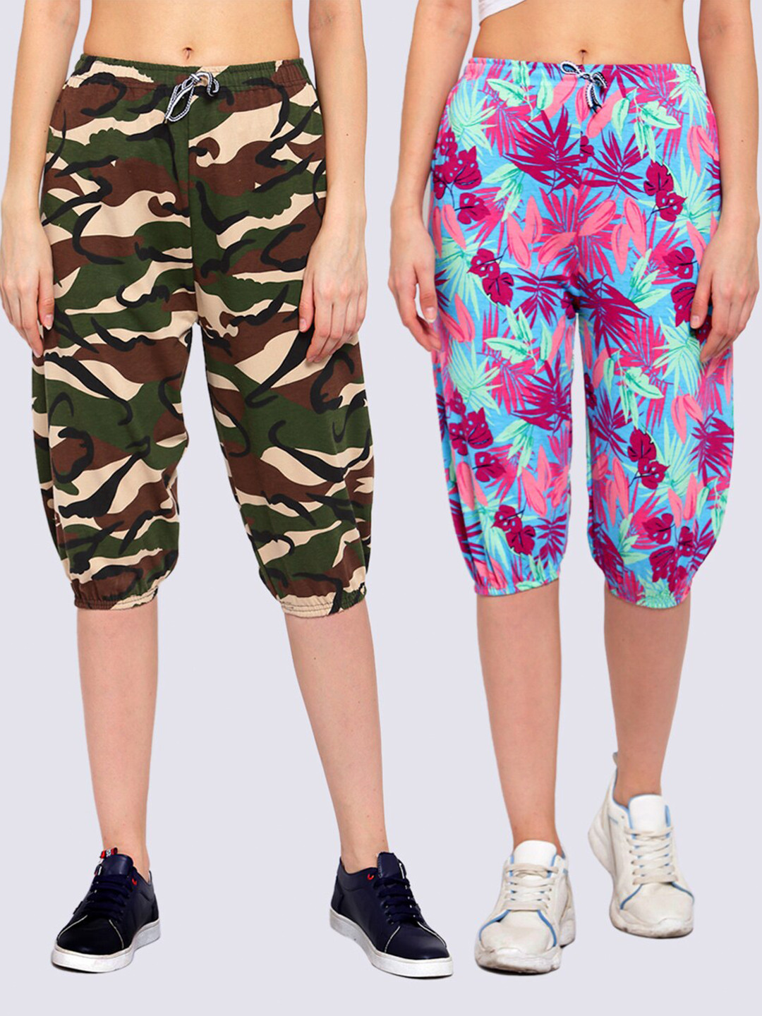 

KLOTTHE Women Pack Of 2 Multicoloured Printed Pure Cotton Capris, Multi