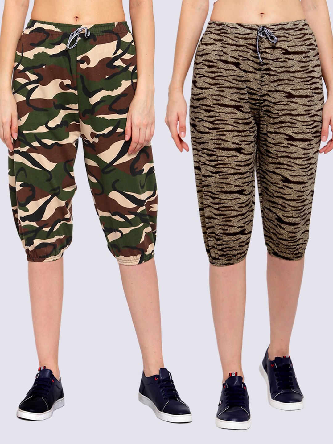 

KLOTTHE Women Pack of 2 Green & Brown Camouflage Printed Pure Cotton Capris