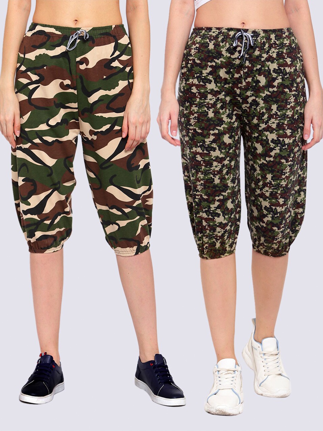 

KLOTTHE Women Pack of 2 Green & Beige Printed Capris