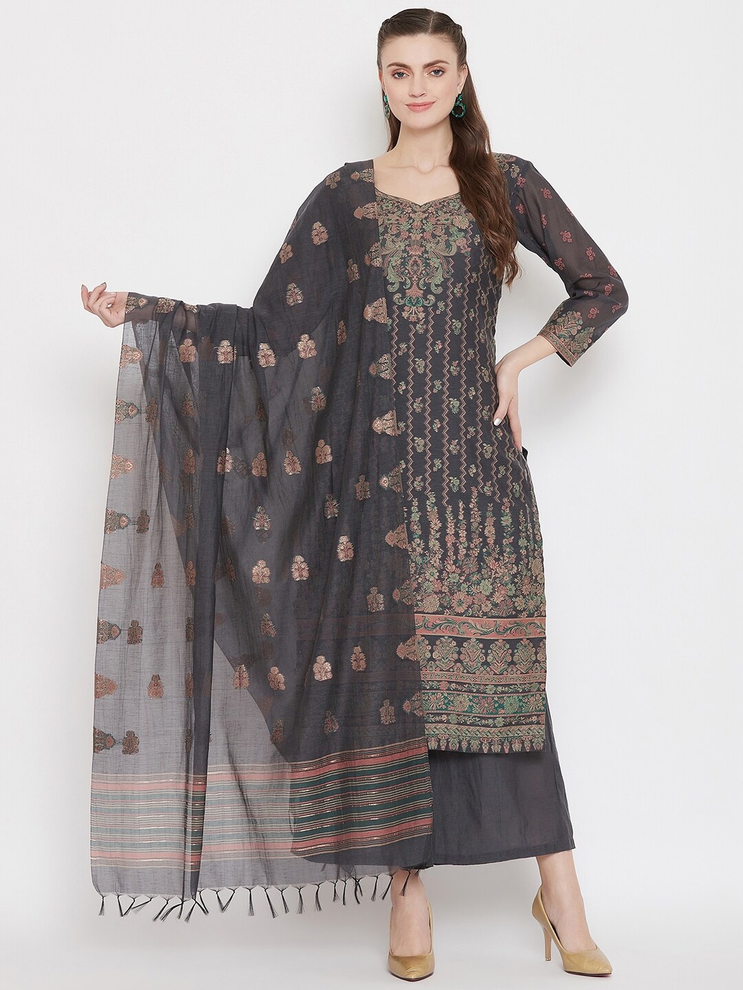 

Safaa Women Grey Organic Cotton Unstitched Suit Set