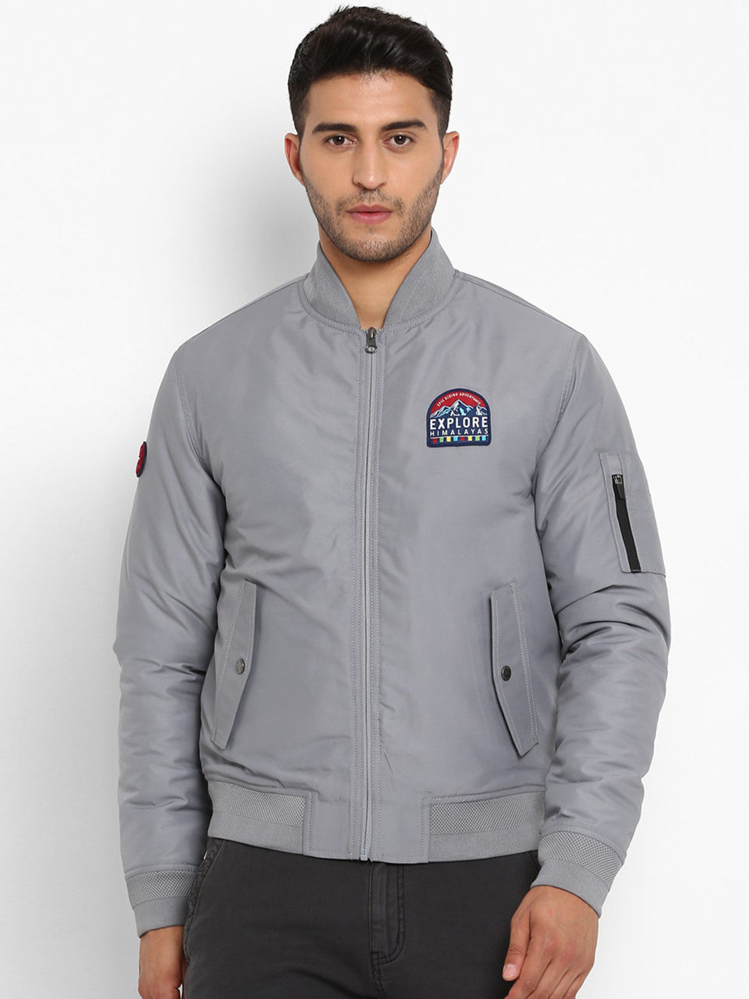 

Royal Enfield Men Grey Bomber Jacket with Patchwork